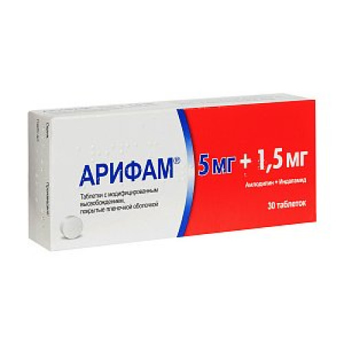 Арифам таблетки с модифицированным высвобождением покрытые пленочной оболочкой 5 мг+1,5 мг 30 шт. Арифам таблетки с модифицированным высвобождением покрытые пленочной оболочкой 5 мг+1,5 мг 30 шт.