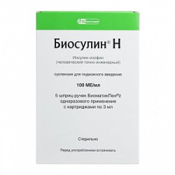 Биосулин Н суспензия для подкожного введения 100 МЕ/мл картридж+шприц-ручка 3 мл 5 шт. Биосулин Н суспензия для подкожного введения 100 МЕ/мл картридж+шприц-ручка 3 мл 5 шт.