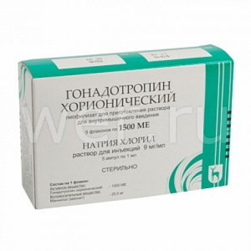 Гонадотропин хорионический лиофилизат для приготовления раствора для внутримышечного введения 1500 МЕ с растворителем флакон 5 шт. Гонадотропин хорионический лиофилизат для приготовления раствора для внутримышечного введения 1500 МЕ с растворителем флакон 5 шт.