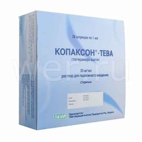 Копаксон-Тева раствор для подкожного введения 20 мг/мл шприц 1 мл 28 шт. Копаксон-Тева раствор для подкожного введения 20 мг/мл шприц 1 мл 28 шт.