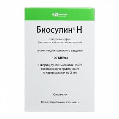 Биосулин Н суспензия для подкожного введения 100 МЕ/мл картридж+шприц-ручка 3 мл 5 шт.