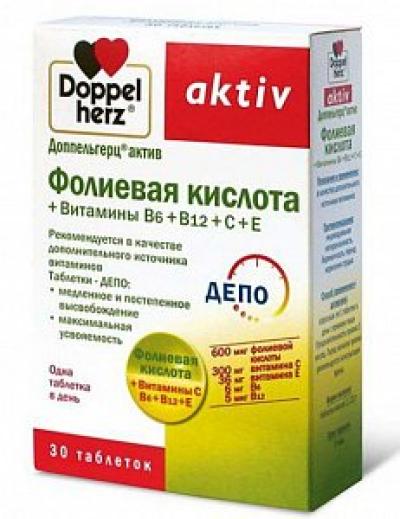 Доппельгерц актив Фолиевая кислота + Витамины B6+B12+C+E таблетки 30 шт. (БАД)